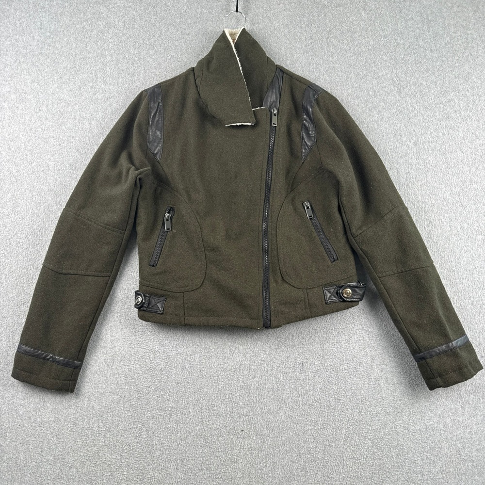 Dollhouse Jacket Womens M Green Outerwear Moto Faux Fur Trim Biker Full Zip Coat